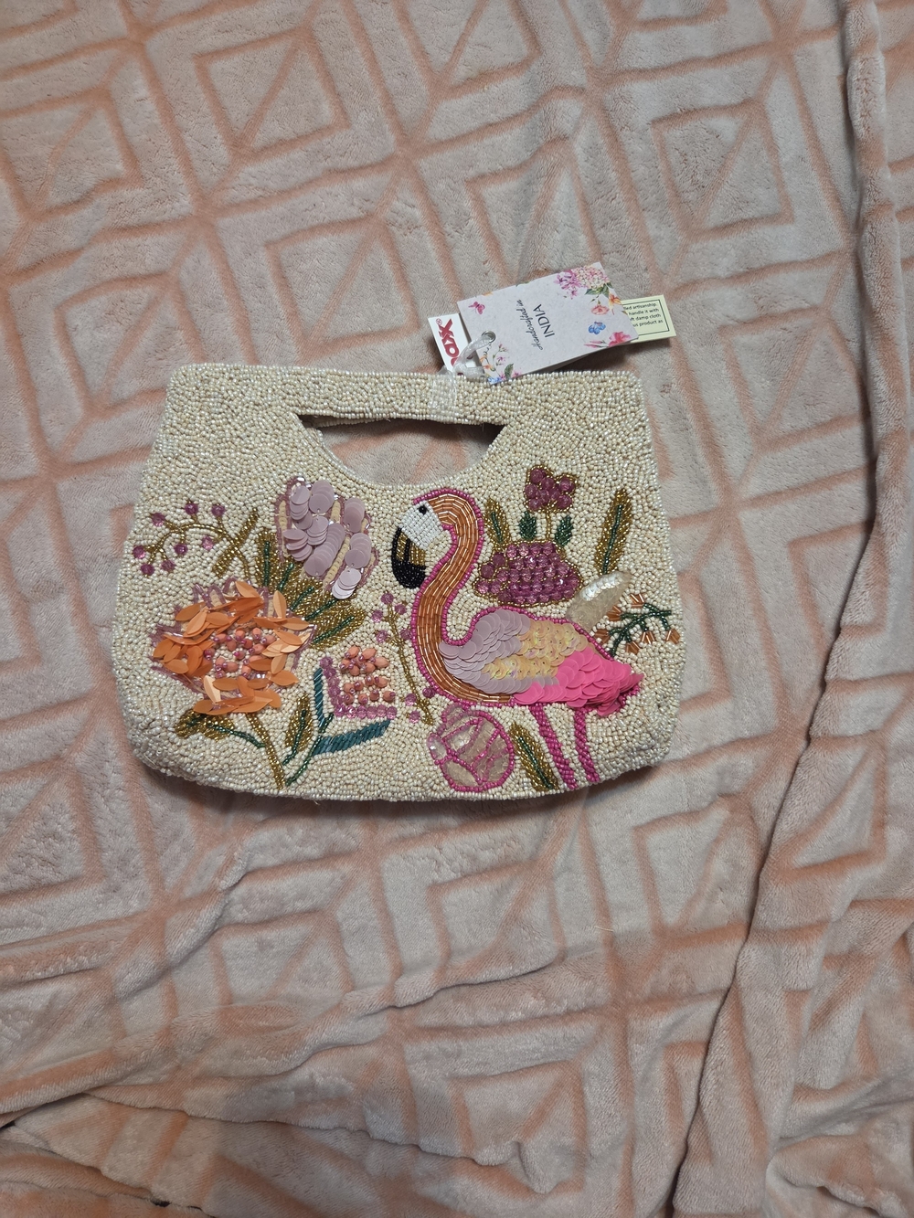 Beaded Flamingo Floral Tote Bag - Pink & Cream